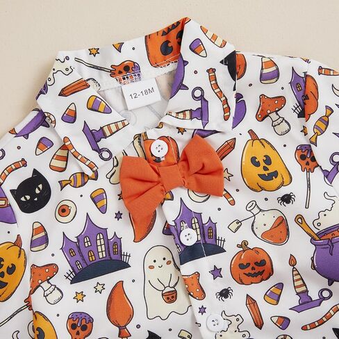 Rtnnsbbfcm Toddler Baby Boy Halloween Outfit Short Sleeve Bow Tie Pumpkin Ghost Button Down Shirt Top Shorts 2Pcs Set in Saudi Arabia