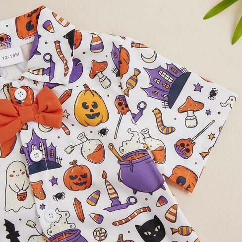 Rtnnsbbfcm Toddler Baby Boy Halloween Outfit Short Sleeve Bow Tie Pumpkin Ghost Button Down Shirt Top Shorts 2Pcs Set in Saudi Arabia