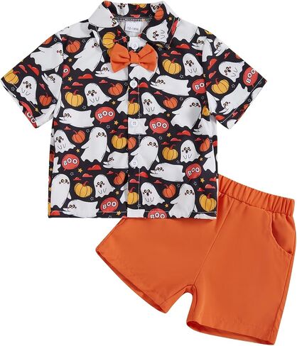 Rtnnsbbfcm Toddler Baby Boy Halloween Outfit Short Sleeve Bow Tie Pumpkin Ghost Button Down Shirt Top Shorts 2Pcs Set in Saudi Arabia