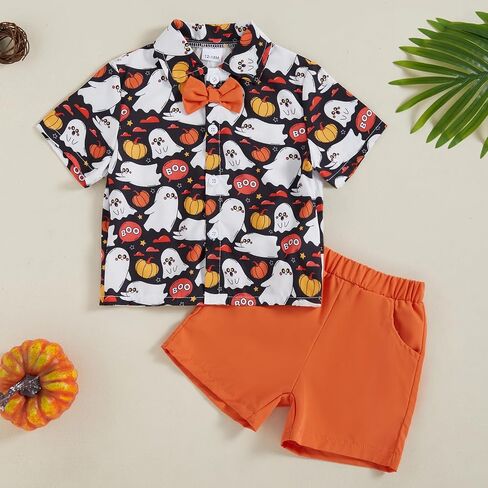 Rtnnsbbfcm Toddler Baby Boy Halloween Outfit Short Sleeve Bow Tie Pumpkin Ghost Button Down Shirt Top Shorts 2Pcs Set in Saudi Arabia