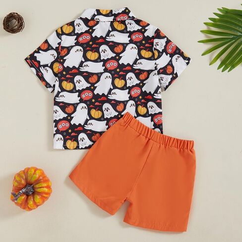 Rtnnsbbfcm Toddler Baby Boy Halloween Outfit Short Sleeve Bow Tie Pumpkin Ghost Button Down Shirt Top Shorts 2Pcs Set in Saudi Arabia
