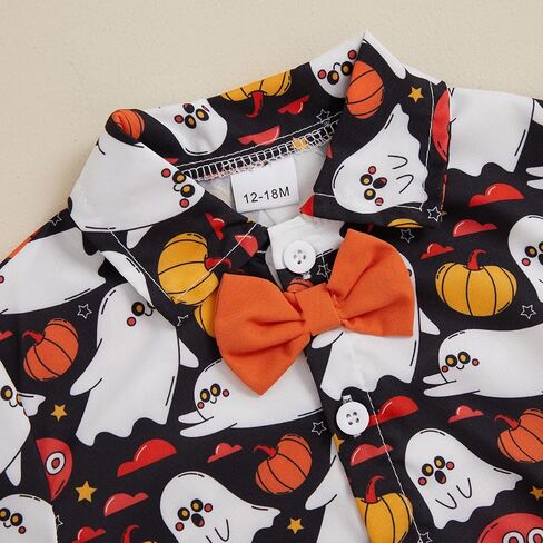 Rtnnsbbfcm Toddler Baby Boy Halloween Outfit Short Sleeve Bow Tie Pumpkin Ghost Button Down Shirt Top Shorts 2Pcs Set in Saudi Arabia