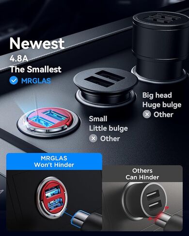 شاحن سيارة MRGLAS، 4.8 أمبير [تصميم حلقة سحب] شاحن USB ولاعة السجائر، [أصغر جميع المعادن] شاحن سيارة USB مزدوج المنفذ شاحن سيارة متوافق مع iPhone 14/13/12/11 Samsung Note 9/S10-Red in Kuwait