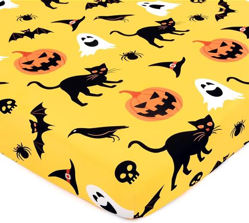 Halloween Crib Sheets, Fitted Crib Sheet with Cat, Pumpkin, Ghosts, Bat, Crow, and Spider, Measuring 52'' x 28'' to fit Standard Crib & Toddler Mattresses, Yellow in Saudi Arabia