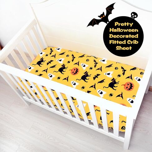 Halloween Crib Sheets, Fitted Crib Sheet with Cat, Pumpkin, Ghosts, Bat, Crow, and Spider, Measuring 52'' x 28'' to fit Standard Crib & Toddler Mattresses, Yellow in Saudi Arabia