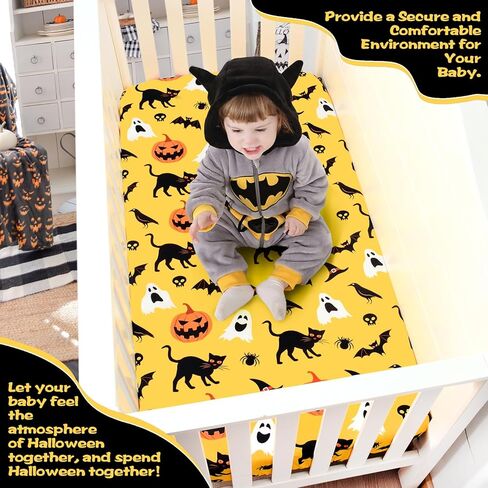 Halloween Crib Sheets, Fitted Crib Sheet with Cat, Pumpkin, Ghosts, Bat, Crow, and Spider, Measuring 52'' x 28'' to fit Standard Crib & Toddler Mattresses, Yellow in Saudi Arabia