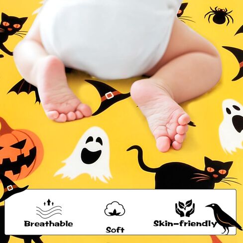 Halloween Crib Sheets, Fitted Crib Sheet with Cat, Pumpkin, Ghosts, Bat, Crow, and Spider, Measuring 52'' x 28'' to fit Standard Crib & Toddler Mattresses, Yellow in Saudi Arabia