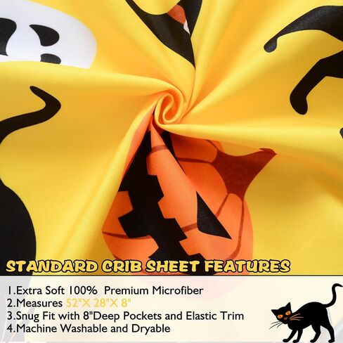 Halloween Crib Sheets, Fitted Crib Sheet with Cat, Pumpkin, Ghosts, Bat, Crow, and Spider, Measuring 52'' x 28'' to fit Standard Crib & Toddler Mattresses, Yellow in Saudi Arabia