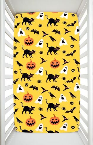 Halloween Crib Sheets, Fitted Crib Sheet with Cat, Pumpkin, Ghosts, Bat, Crow, and Spider, Measuring 52'' x 28'' to fit Standard Crib & Toddler Mattresses, Yellow in Saudi Arabia