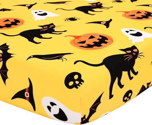 Halloween Crib Sheets, Fitted Crib Sheet with Cat, Pumpkin, Ghosts, Bat, Crow, and Spider, Measuring 52'' x 28'' to fit Standard Crib & Toddler Mattresses, Yellow in Saudi Arabia