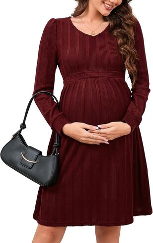 KOJOOIN Maternity V Neck Dress Women's Rib Knit Long Sleeve Midi Dress Photoshoot Baby Shower Sweater Fall Dresses in Kuwait