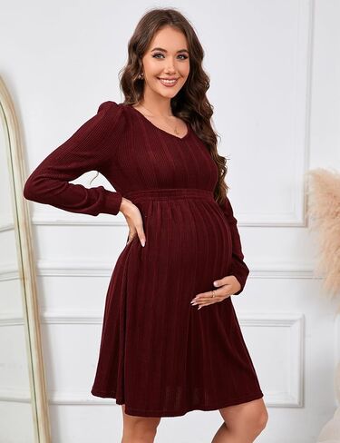 KOJOOIN Maternity V Neck Dress Women's Rib Knit Long Sleeve Midi Dress Photoshoot Baby Shower Sweater Fall Dresses in Kuwait