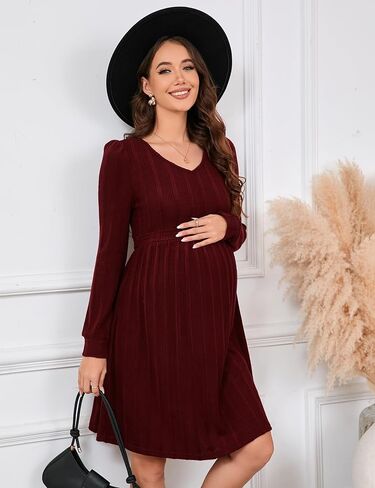 KOJOOIN Maternity V Neck Dress Women's Rib Knit Long Sleeve Midi Dress Photoshoot Baby Shower Sweater Fall Dresses in Kuwait