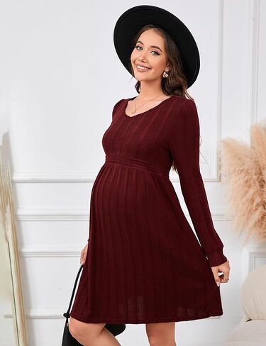KOJOOIN Maternity V Neck Dress Women's Rib Knit Long Sleeve Midi Dress Photoshoot Baby Shower Sweater Fall Dresses in Kuwait