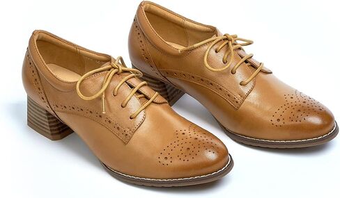Mona flying Womens Leather Med Chunky Heel Wingtip Brogue Lace-up Dress Oxford Pumps Office Work Heel Shoes for Ladies in Saudi Arabia