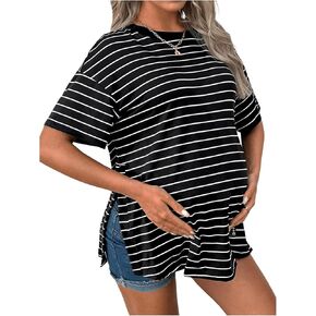 OYOANGLE Women's Maternity Tops Striped Print Split Side Short Sleeve Tee Shirts Pregnancy Clothes