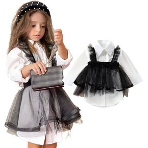 2PCS Baby Girl Dress Sets, Toddler Suspender Skirt Mesh Tulle Tank Top + Lapel Button Down Shirt