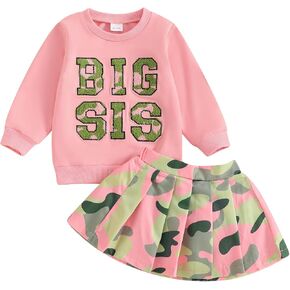 VISGOGO Baby Girls Sweatshirt Rompers Embroidery Lil Sis Big Sis Matching Skirts Outfit Toddler Bodysuits Fall Clothes