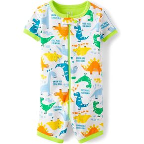 The Children's Place Baby Boy's and Toddler Snug Fit 100% Cotton Short Sleeve Zip-Front One Piece Footless Pajama, Blue Green Dino