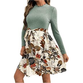 MakeMeChic Women's Maternity Dresses Rib Knit Floral Long Sleeve Belted A Line Flare Pregnancy Mini Dress in Saudi Arabia