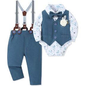 Baby Boy Clothes Suit Infant Gentleman Wedding Outfit Dress Shirt+Bowtie+Vest+Corsage+Suspender+Pants 6Pcs Set 0-24M