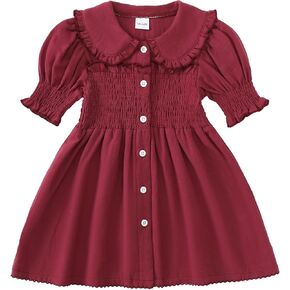 Baby Toddler Girls Dress Short Sleeve Vintage Peter Pan Collar Summer Casual Mini Cotton Linen Dresses
