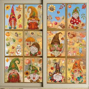 Fall Window Clings Autumn Window Stickers 9 Sheet Window Wall Decals for Home Fall Thanksgiving Decorations Cute Gnome Maple Leaves Pumpkin Stickers