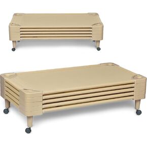 Stackable Kids Nap Cot,Ready-to-Assemble, w/ 4 Lockable Casters,Portable Toddler Space-Saving Children Sleeping Bed for Preschool, Daycare Classroom Furniture(Set of 5)
