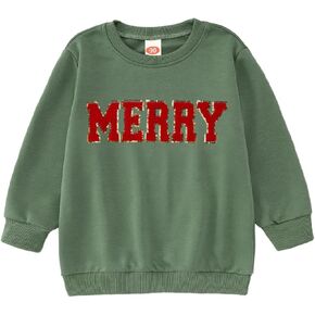 IZYJOY Toddler Baby Girl Christmas Sweatshirt Merry Chenille Patch Letter Print Crewneck Shirt Xmas Holiday Pullover Tops
