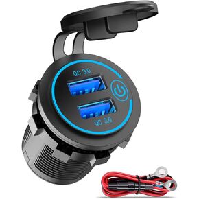 Quick Charge 3.0 Dual USB Charger Socket, Qidoe Waterproof 12V USB Outlet 36W Dual QC3.0 USB Power Socket with Touch Switch DIY Car USB Port for Car Boat Marine RV Motorcycle Bus Truck Golf Cart etc