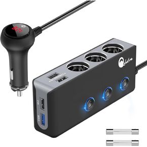 [Upgraded Version] Quick Charge 3.0 Cigarette Lighter Splitter, Qidoe 12V/24V 3-Socket 120W DC Power Car Adapter with LED Voltmeter Main Switch, 8.5A 4 USB Fast Outlets, Three Independent ON/Off