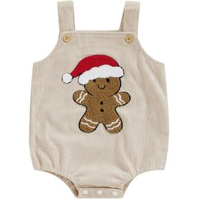 Lesimsam Newborn Baby Boy Girl Christmas Outfit Gingerbread Man Embroidery Sleeveless Suspender Overall Romper Bodysuit