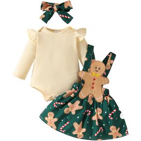 My First Christmas Baby Girl Outfit Newborn Long Sleeve Romper Gingerbread Man Skirts Set Dress Overall Winter Clothes
