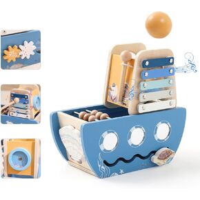Promise Babe 5-in-1 Baby Wooden Activity Cube, Sea Ocean Montessori Toddler Toys for 1+ Year Old Boys Girls Gifts, Educational Learning Boat Toys for 1st Birthday Gifts for Kids