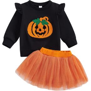 Baby Girls Halloween Outfits My First Pumpkin Print Romper Tutu Skirt and Leg Warmer Headband Outfit Set