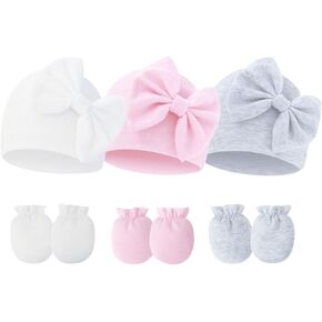 Newborn Baby Hats Mittens Sets Bow Infant Caps Gloves No Scratch Mitten Beanie Set for 0-6 Months Girls
