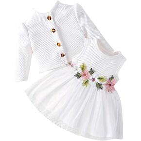 IDOPIP Baby Girls Tutu Dress Long Sleeve Cardigan Set Outfits Floral Embroidery Tulle Princess Birthday Party Pageant Dresses