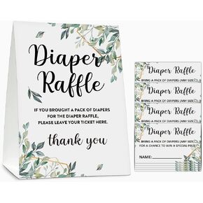 Gihyan Diaper Raffle Baby Shower Game Set(1 Standing Sign + 50 Guessing Cards), Greenery Diaper Raffle Tickets for Baby Shower, Gold Foil Baby Shower Party Favor Decor - A04