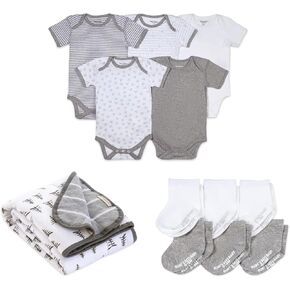 Bundle of Burt’s Bees Baby, 5-Pack Short & Long Sleeve One-Pieces + Reversible Blanket + Unisex baby Socks, 6-pack Ankle Or Crew With Non-slip Grips, Made With Organic Cotton 12 Months