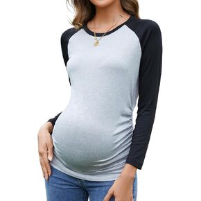 Sosolism Women's Maternity Tops Side Ruched Long Sleeve Maternity Tshirt Color Block Raglan Sleeve Pregnancy Clothes