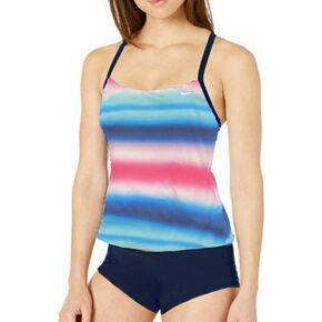 Nike Womens Plus Laser Stripe Racerback Two Piece Tankini Set with Boyshorts Navy/Royal