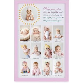 Inweder Frame for Baby 1st Birthday: Warmly Blessing to Kids, My First Year Photo Frame, 12 Month Picture Frames for 2x3 and 4x4 Pictures, Blue