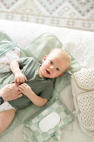 Portable Diaper Changing Pad, Foldable Waterproof Baby Change Pad for Newborn Girl & Boy with Smart Wipes Pocket (Sage Checkers) in Kuwait