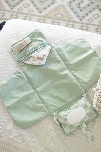 Portable Diaper Changing Pad, Foldable Waterproof Baby Change Pad for Newborn Girl & Boy with Smart Wipes Pocket (Sage Checkers) in Kuwait