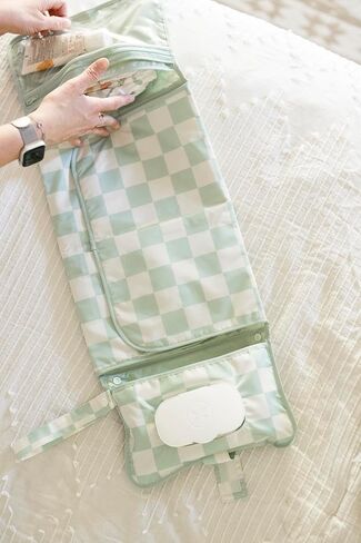 Portable Diaper Changing Pad, Foldable Waterproof Baby Change Pad for Newborn Girl & Boy with Smart Wipes Pocket (Sage Checkers) in Kuwait