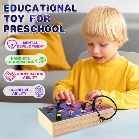 Busy Board Toys for Toddlers,Wooden Montessori Toys with Keys 6 Led Light Switch for Toddlers 1-3,Sensory Board Toys Educational Activity,Travel Toys & Gifts for Kids Boys and Girls 1+ Year Old in Saudi Arabia