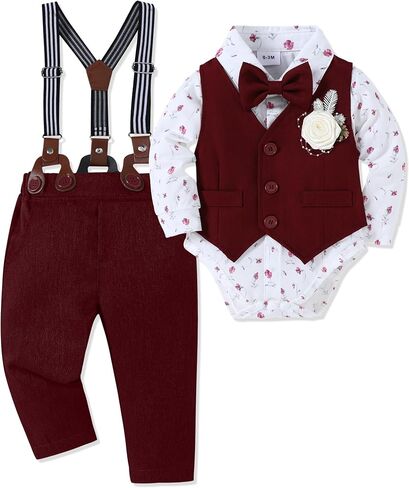 Baby Boy Clothes Suit Infant Gentleman Wedding Outfit Dress Shirt+Bowtie+Vest+Corsage+Suspender+Pants 6Pcs Set 0-24M in Kuwait
