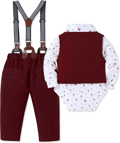 Baby Boy Clothes Suit Infant Gentleman Wedding Outfit Dress Shirt+Bowtie+Vest+Corsage+Suspender+Pants 6Pcs Set 0-24M in Kuwait