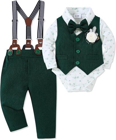 Baby Boy Clothes Suit Infant Gentleman Wedding Outfit Dress Shirt+Bowtie+Vest+Corsage+Suspender+Pants 6Pcs Set 0-24M in Kuwait