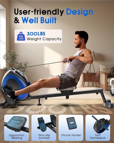 WELLFIT Rowing Machine, Magnetic Rowing Machine for Home, Low-Impact, Compact Upright Storage Rower for Small Space, Portable 34LBS Easy to Move, 300lbs Weight Capacity, Works with Kinomap in Saudi Arabia
